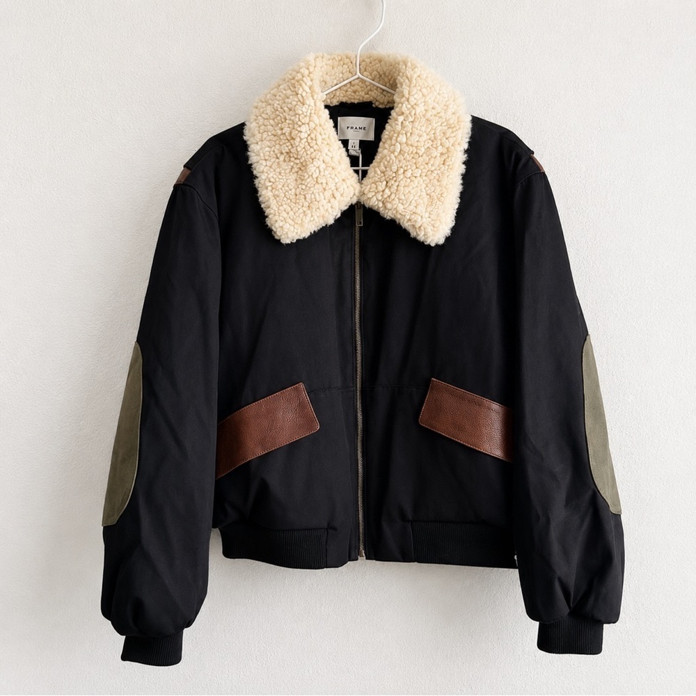 Frame Denim Black Bomber Jacket with Cream Sherpa Collar and Brown Accents